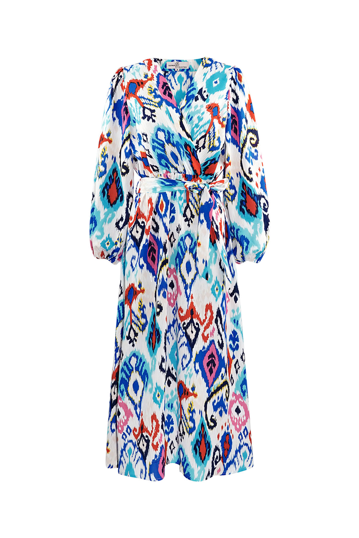Langes Kleid mit Print und Bund – blau 