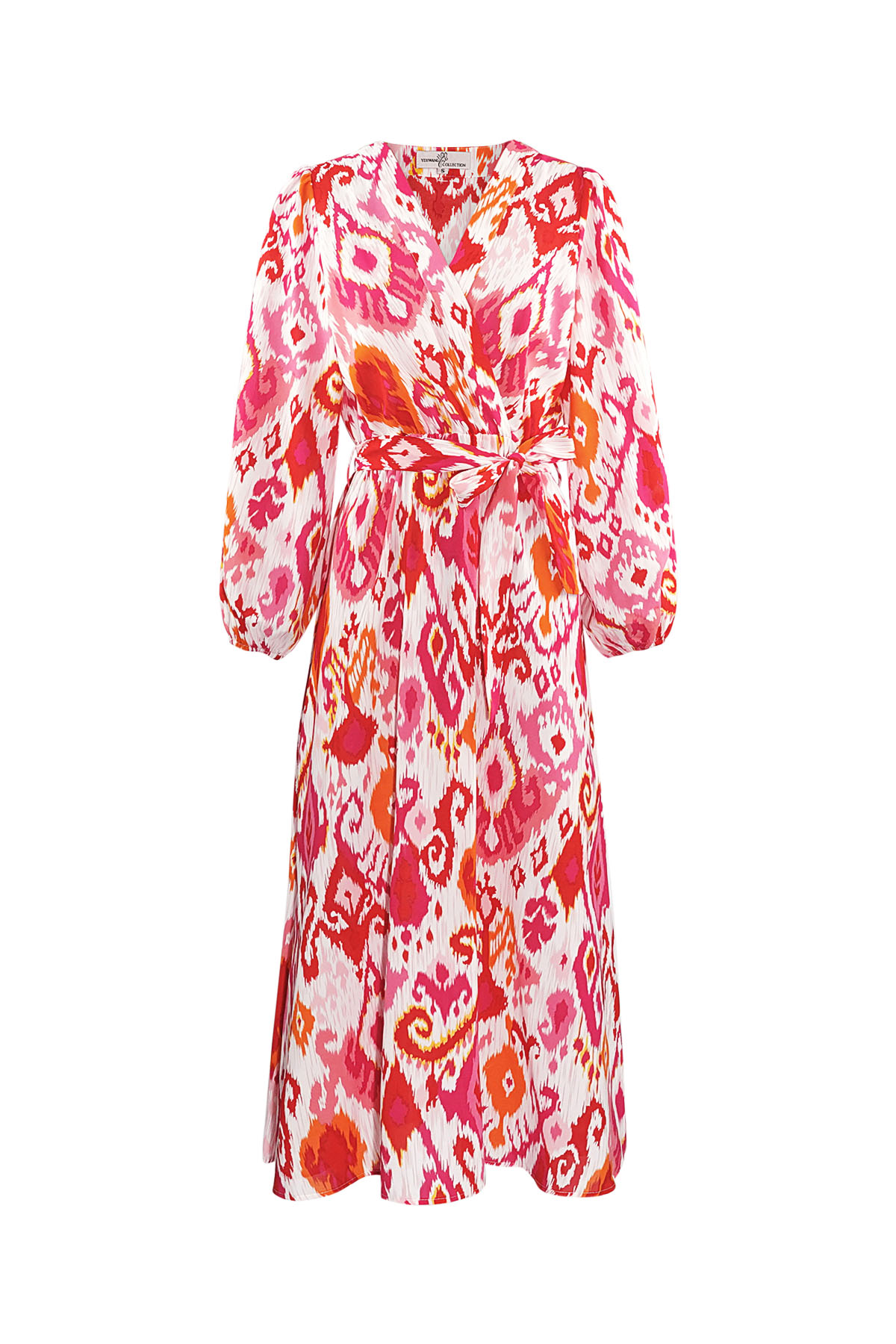 Lange jurk met print en tailleband - fuchsia 
