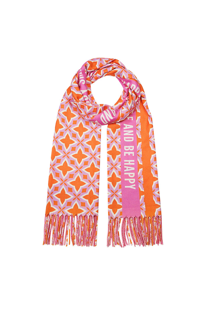 Scarf with cheerful print and text - orange-pink 