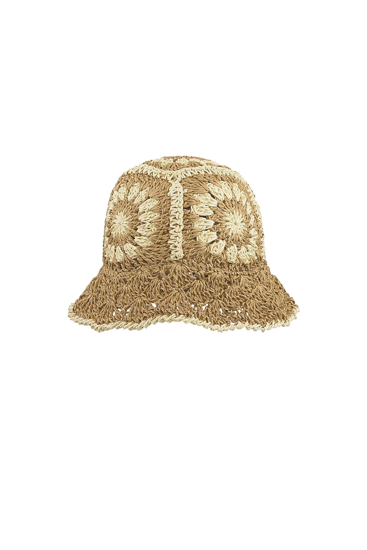 Crochet hat with flowers - camel