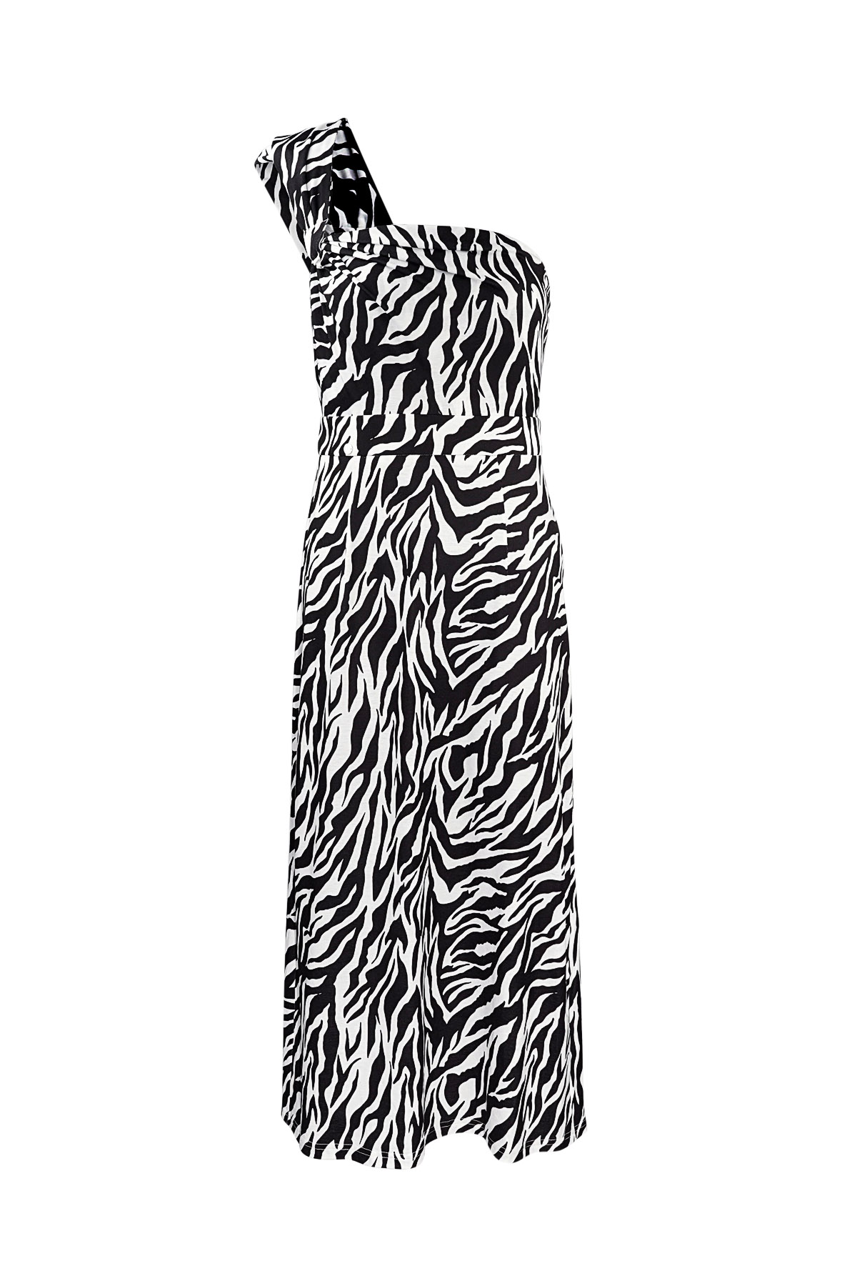 Tek Omuzlu Zebra Elbise - Siyah