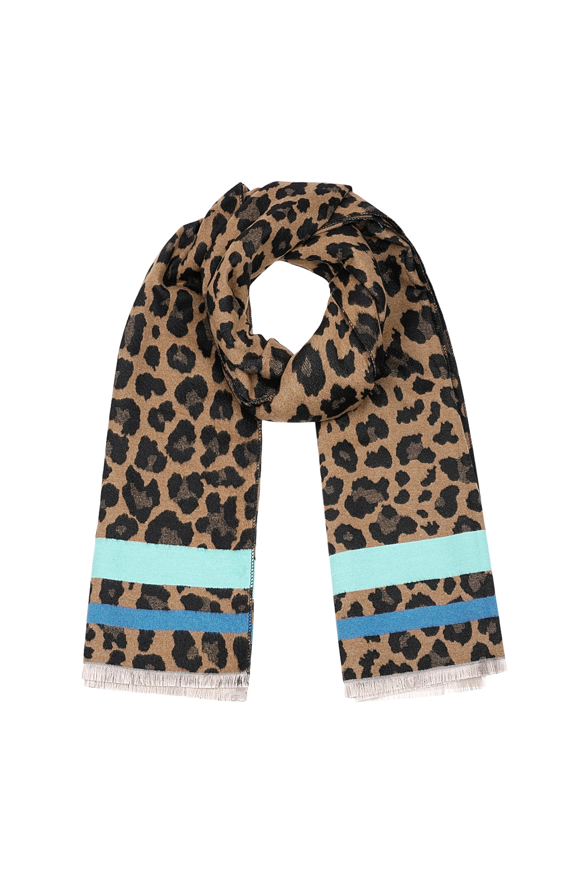 panther scarf with colored stripes - blue & brown 2