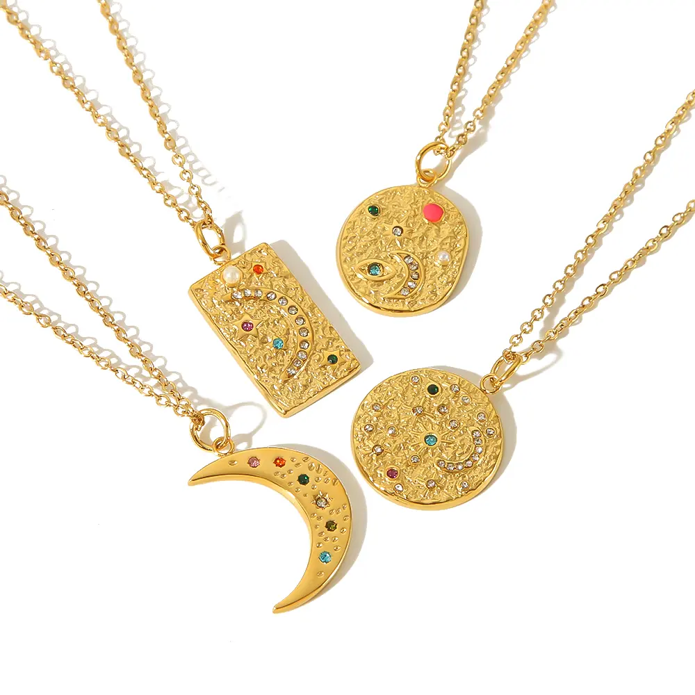 1 Piece Classic Retro Style Moon Shape Stainless Steel  Gold Color Inlay Rhinestones Women's Pendant Necklaces 2