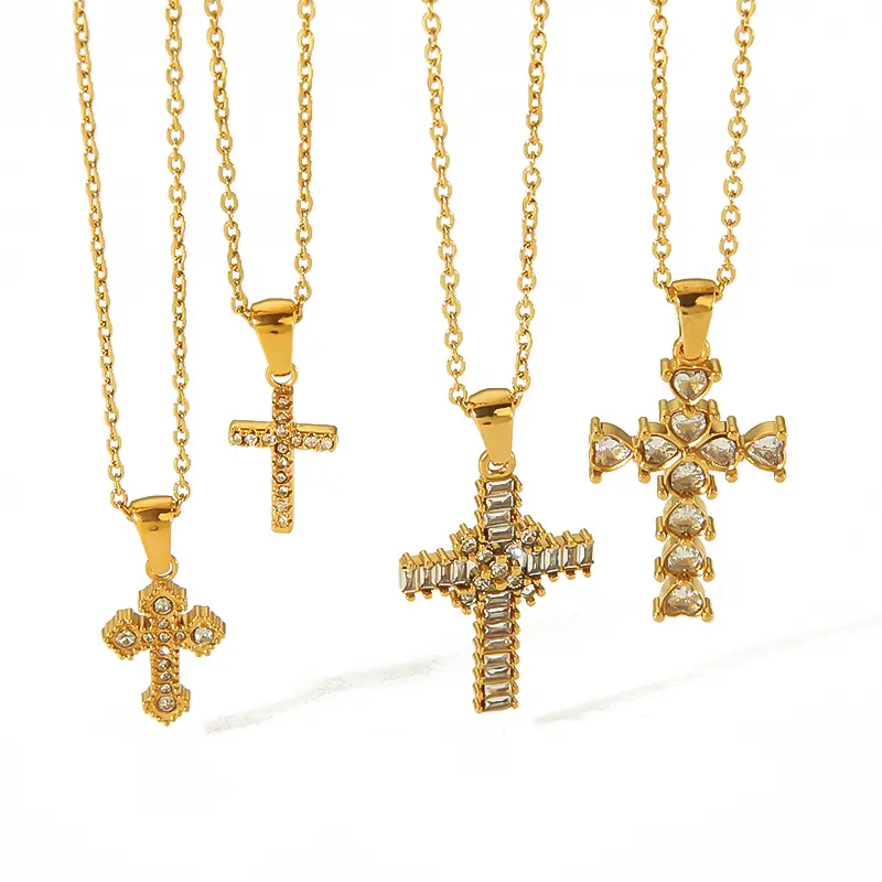 1 Piece Classic Punk Style Cross Shape Stainless Steel  Gold Color Inlay Rhinestones Women's Pendant Necklaces 2