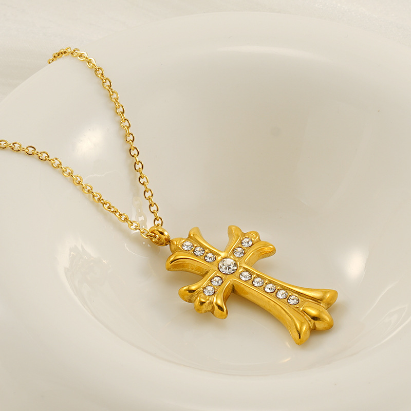 1 Piece Simple Series Simple Cross Stainless Steel Gold Color Rhinestone Women's Pendant Necklaces 2