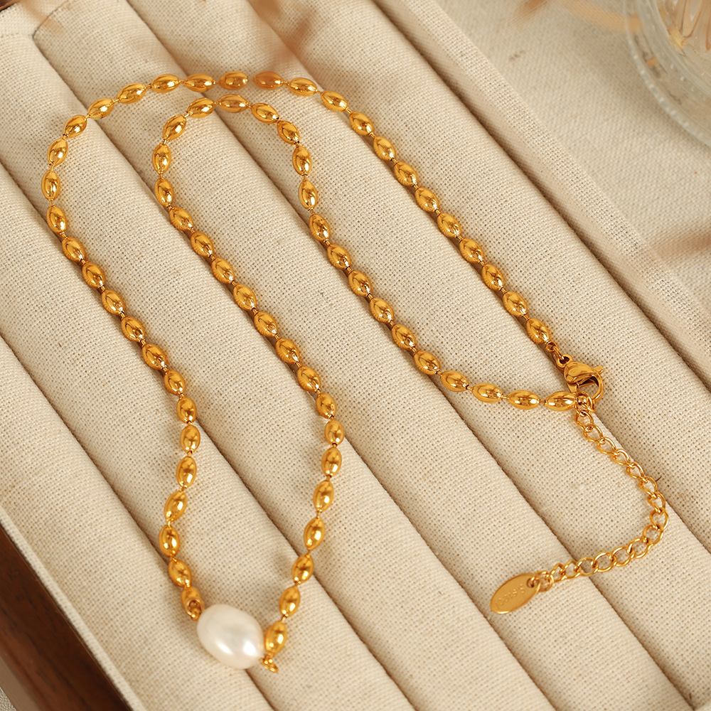 1 Piece Simple Series Retro Beads Stainless Steel  Gold Color Artificial Pearl Women's Beaded Necklaces 2