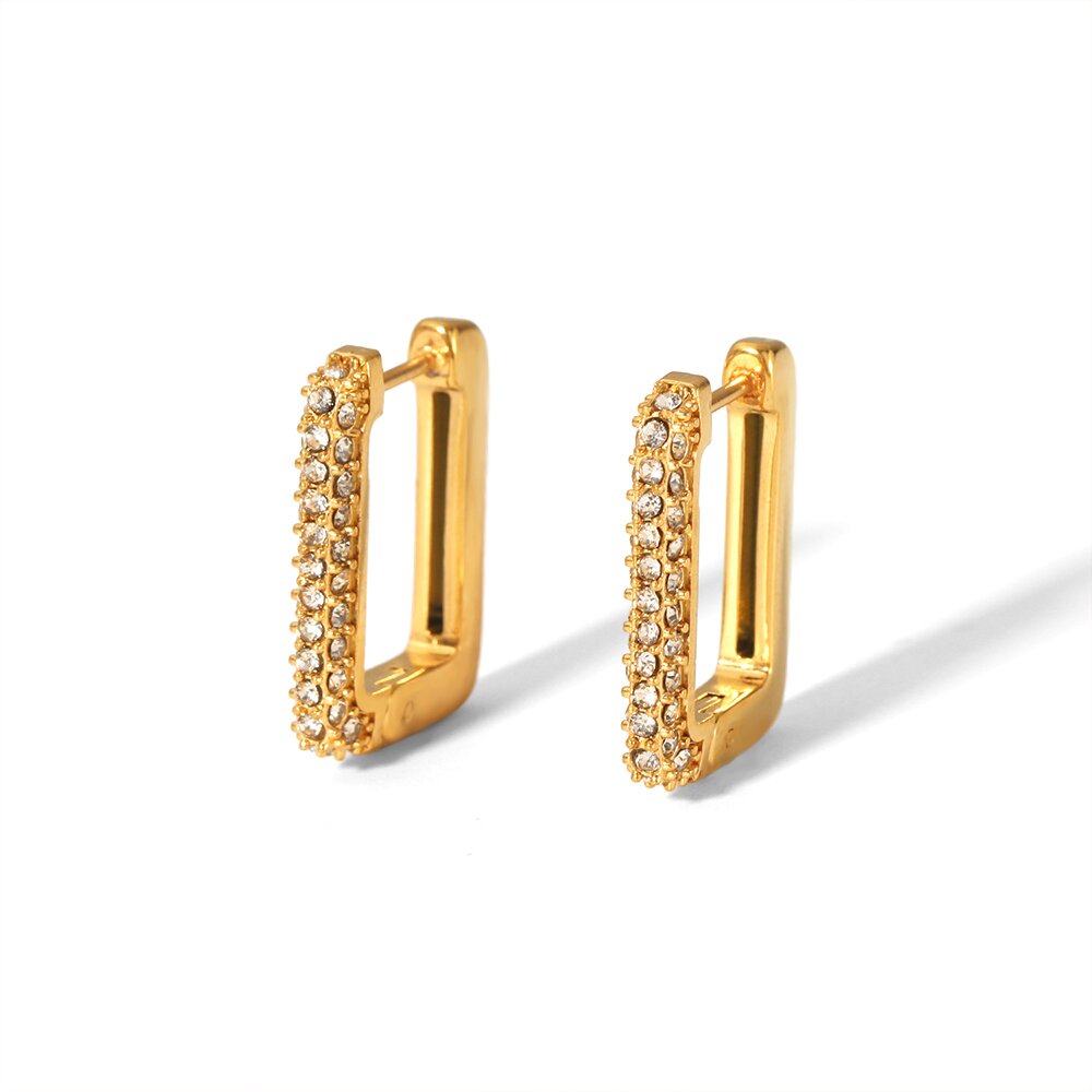 1 Pair Simple Classic Style Rectangular Shape Stainless Steel  Gold Color Inlay Zircons Women's Hoop Earrings 2