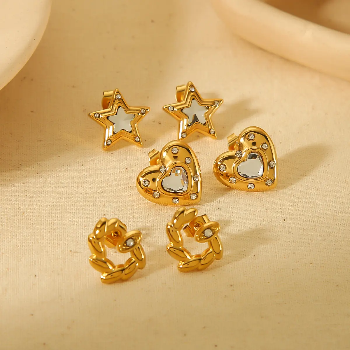 1 Pair Fashionable Classic Style Overlapping Star Shape Stainless Steel  Gold Color Inlay Rhinestone Women's Stud Earrings  2