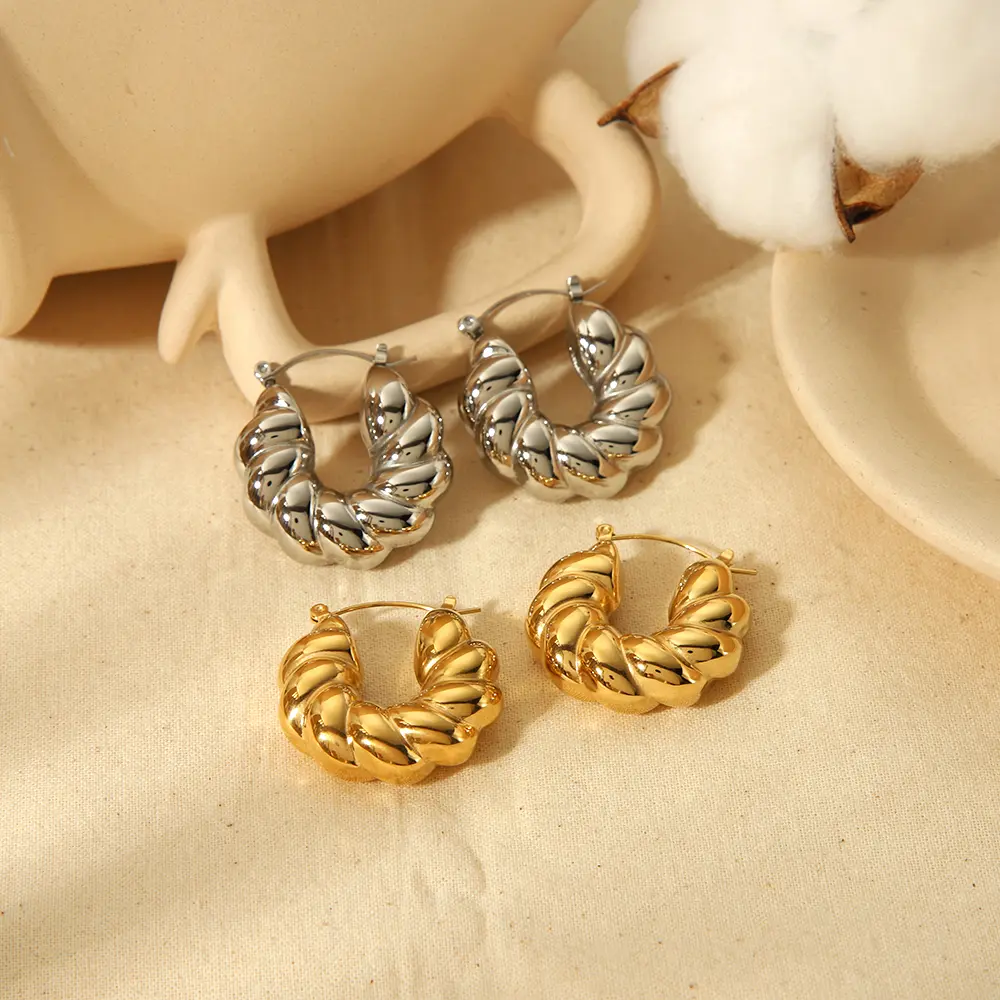 1 Pair Classic Style Chunky Braid C Shape Stainless Steel  Gold Color Women's Hoop Earrings 2