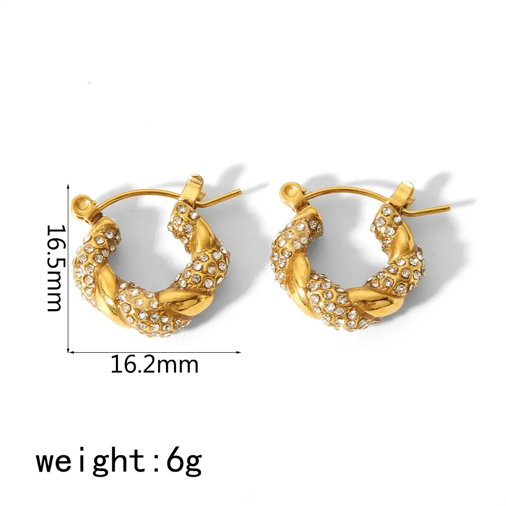 1 Pair Classic Simple Style Twist Braid U Shape Stainless Steel  Gold Color Inlay Rhinstones Women's Hoop Earrings