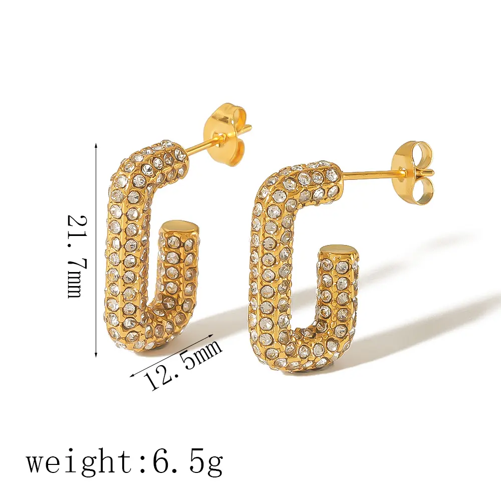 1 Pair Luxurious Retro Style Shiny U Shape Stainless Steel  Gold Color Inlay Full Rhinestones Women's Hoop Earrings 2