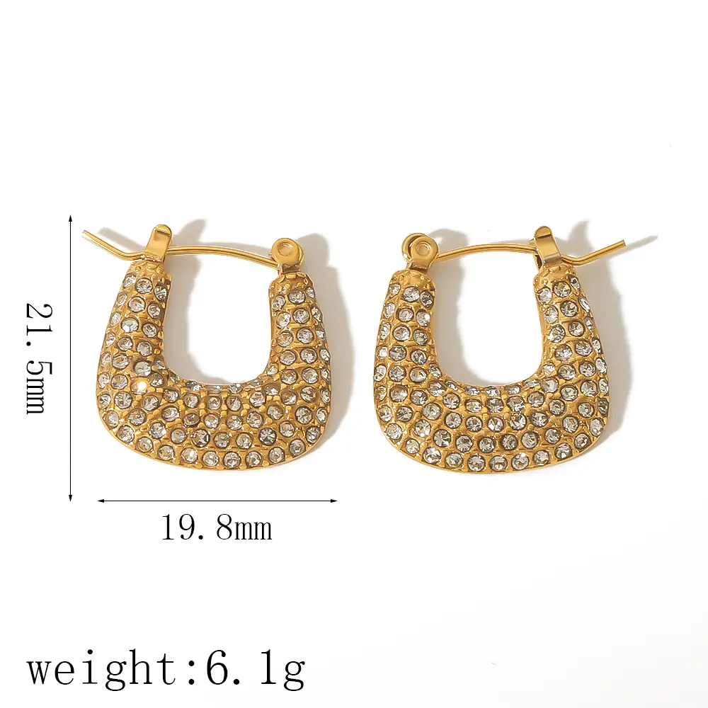 1 Pair Luxurious Retro Style Shiny U Shape Stainless Steel  Gold Color Inlay Full Rhinestones Women's Hoop Earrings