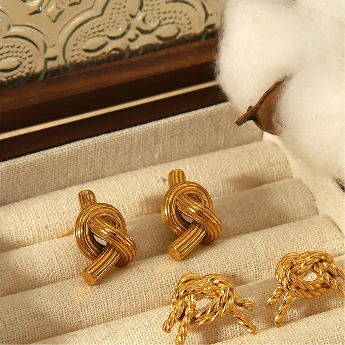 1 Pair Simple  Niche Style Knot Shape Stainless Steel  Gold Color Women's Stud Earrings 2