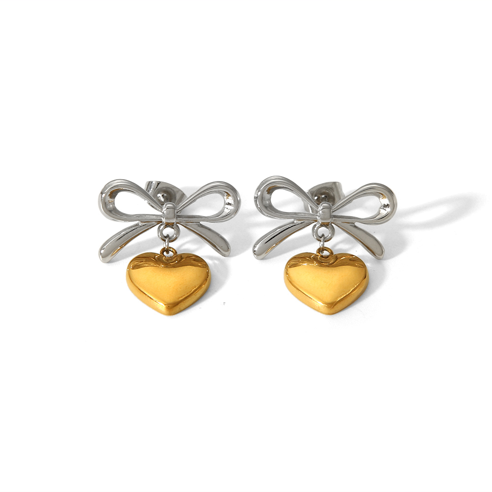 1 Pair Simple Sweet Style Bow Knot Heart Shape Stainless Steel  Gold Color Women's Drop Earrings 2