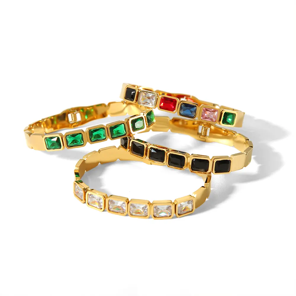 1 Piece Elegant Classic Style Square Shape Stainless Steel  Gold Color Inlay Colorful Zircon Women's Bangles 2