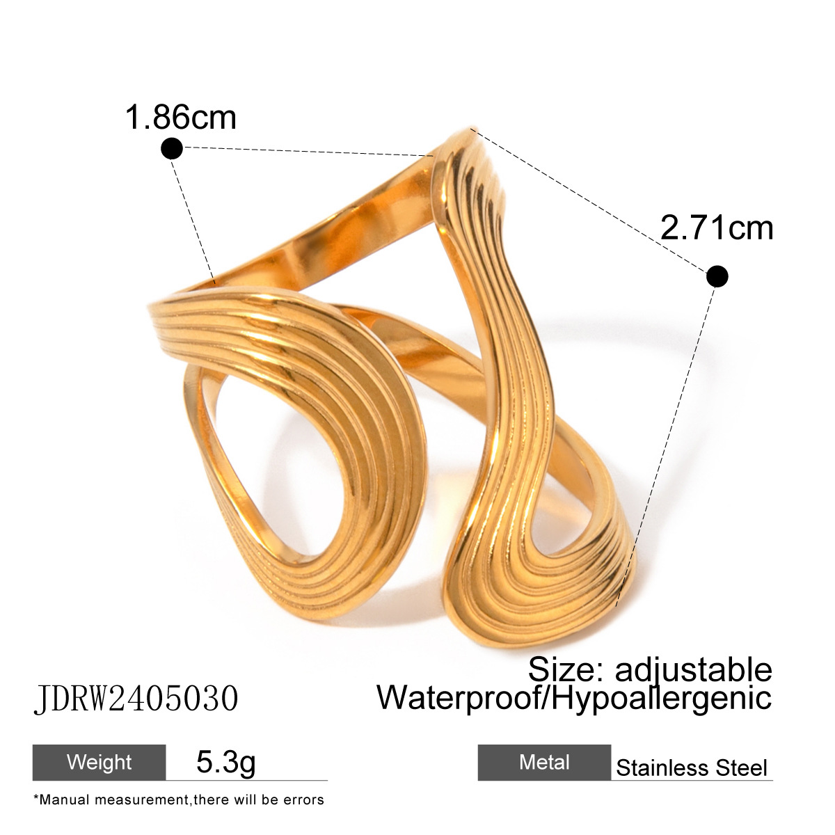 Anillo ajustable para mujer de acero inoxidable chapado en oro de 18 quilates con diseño geométrico irregular de estilo simple de 1 pieza h5 Imagen2