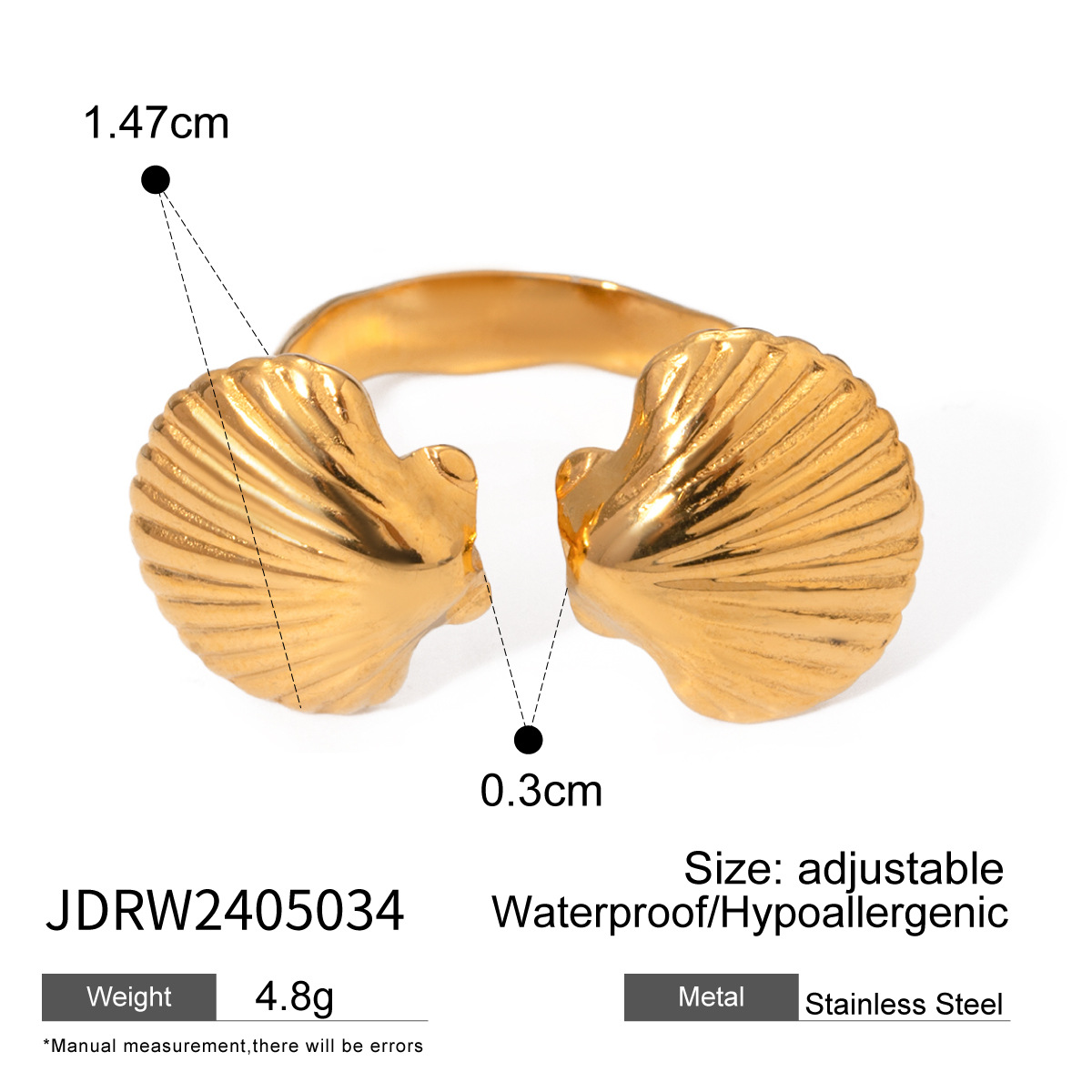 1 stuk eenvoudige stijl shell vorm roestvrij staal 18K goud vergulde vrouwen verstelbare ring h5 Afbeelding2