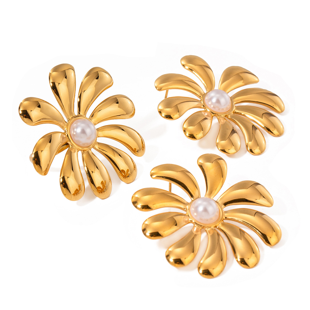 1 Pair Classic Retro Style Flower Shape Stainless Steel 18K Gold Plated Inlay Artificial Pearls Women's Stud Earrings h5 Picture7