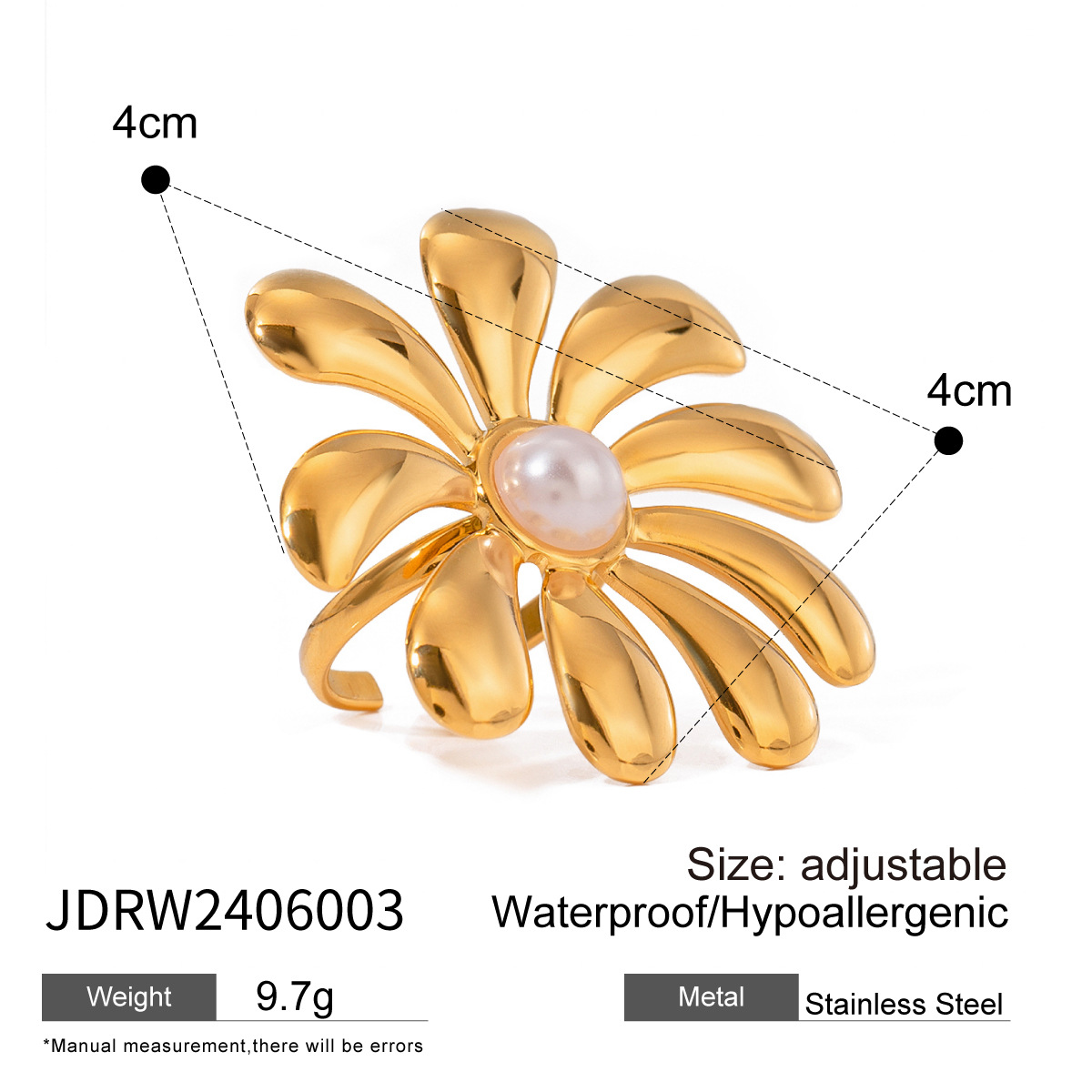 1 stuk klassieke vintage stijl bloem vorm roestvrij staal 18K goud verguld ingelegd imitatie parel dames verstelbare ring h5 Afbeelding2