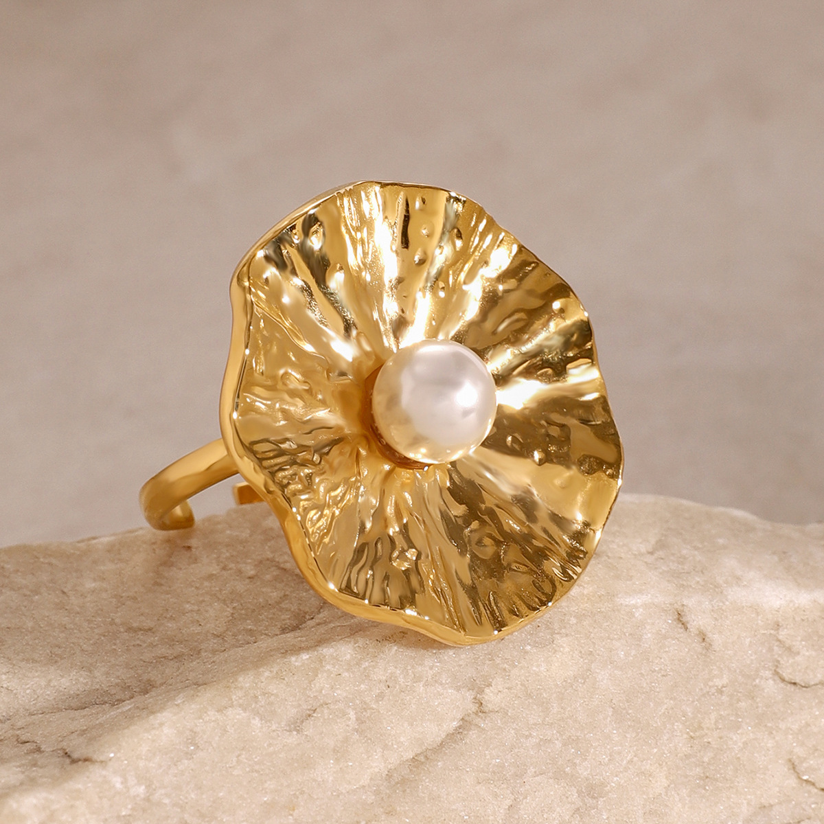 1 Piece Classic Series Retro Flower Stainless Steel 18K Gold Plated Artificial Pearl Women's Adjustable Rings h5 