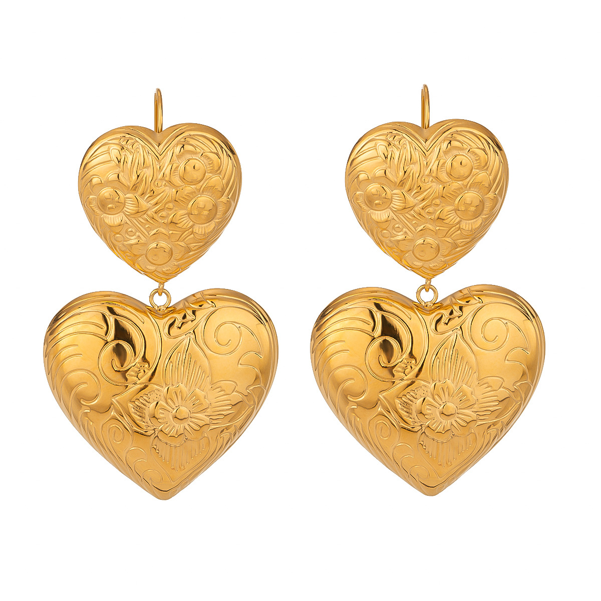 1 par de pendientes colgantes de acero inoxidable chapados en oro de 18 quilates con forma de corazón retro de serie clásica para mujer h5 Imagen5