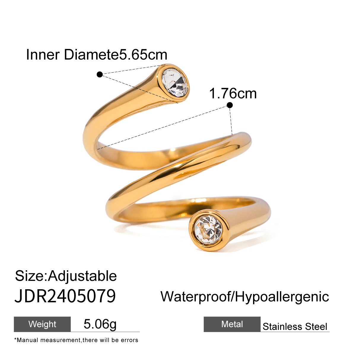 1 pezzo semplice serie semplice geometrico acciaio inossidabile placcato oro 18K strass anelli regolabili da donna h5 Immagine2