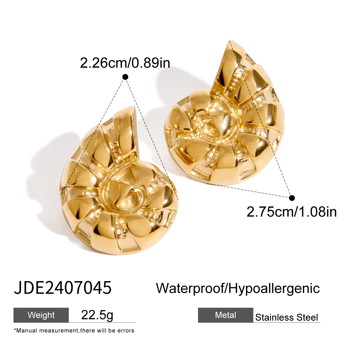 1 par de aretes tipo botón de acero inoxidable chapados en oro de 18 quilates con diseño de caracola de vacaciones de la serie Simple para mujer h5 Imagen2