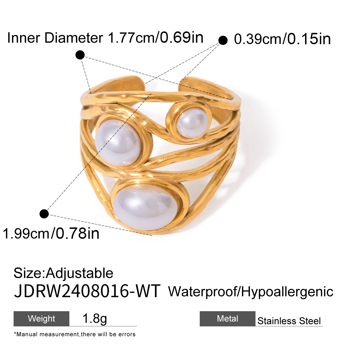 1 Parça Klasik Retro Stil Geometrik Paslanmaz Çelik 18K Altın Kaplama Kakma Yapay İnci Kadın Ayarlanabilir Yüzükler h5 Resim2