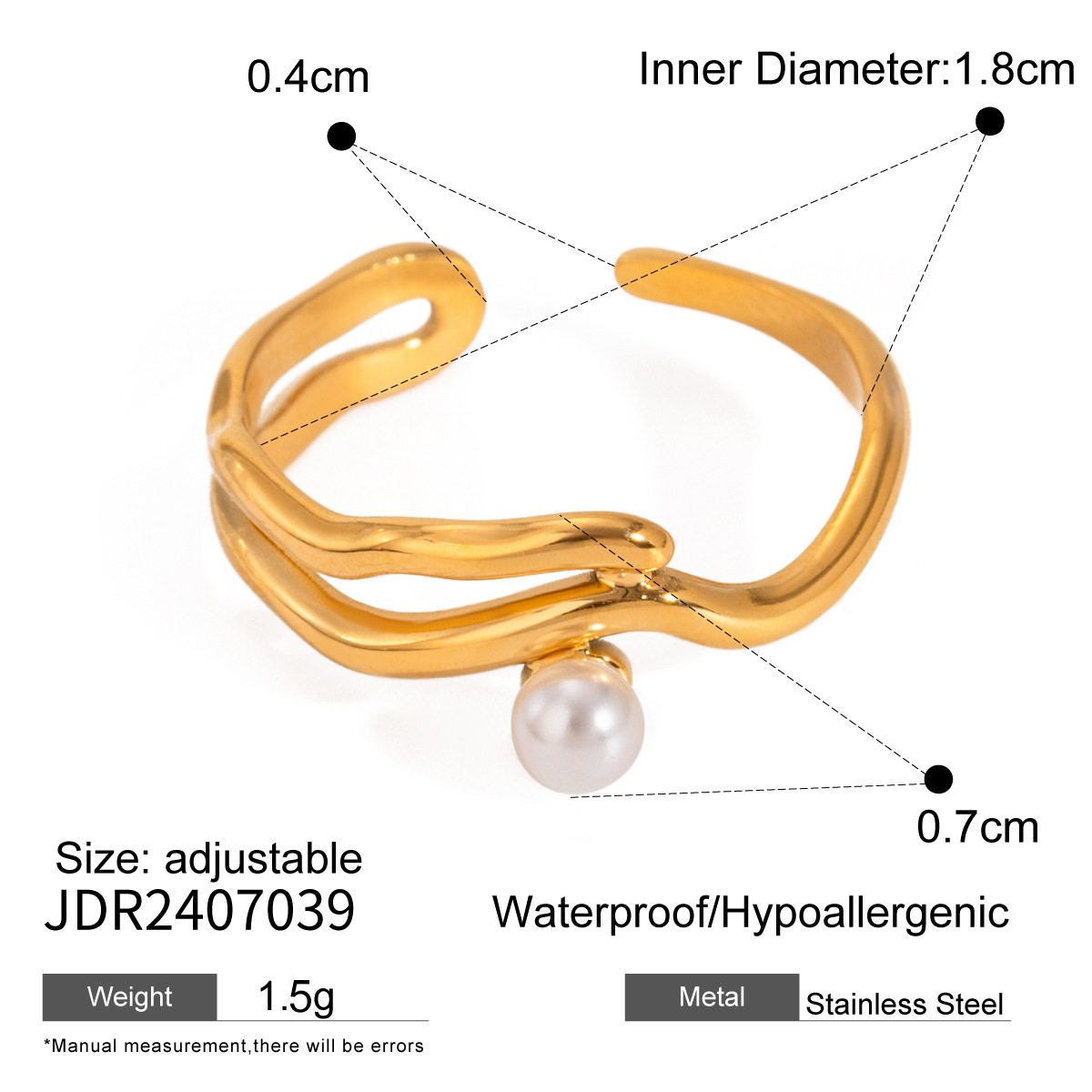 Anillos ajustables para mujer de acero inoxidable chapado en oro de 18 quilates con perlas artificiales y diseño geométrico simple de 1 pieza h5 Imagen2