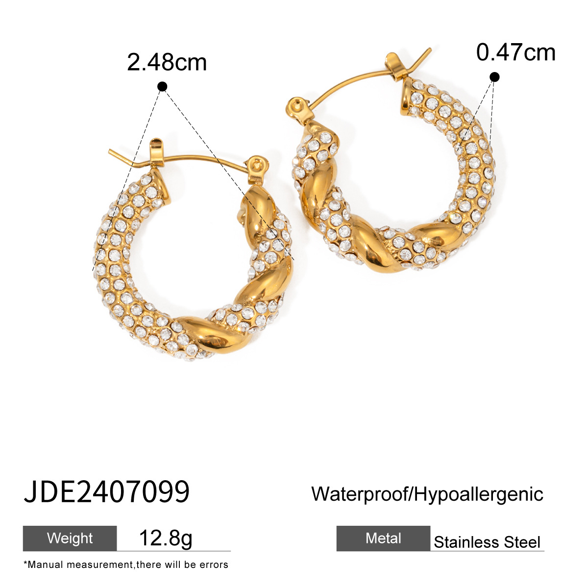 1 paire de boucles d'oreilles créoles pour femme en acier inoxydable plaqué or 18 carats avec strass, série simple classique h5 Image2