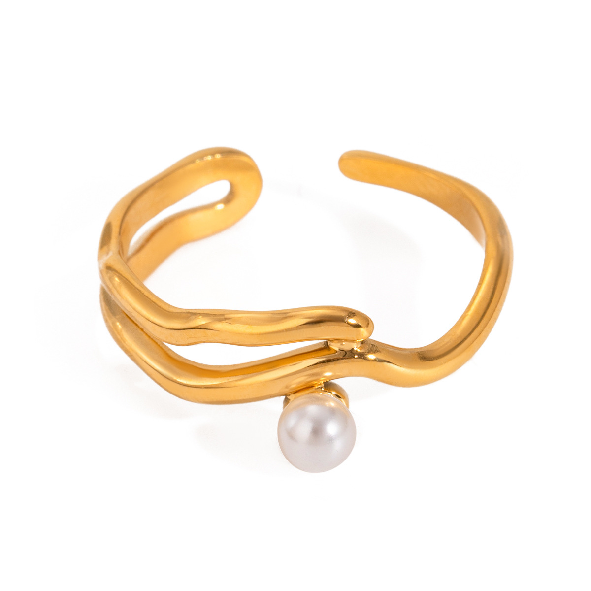 Anillos ajustables para mujer de acero inoxidable chapado en oro de 18 quilates con perlas artificiales y diseño geométrico simple de 1 pieza h5 Imagen5