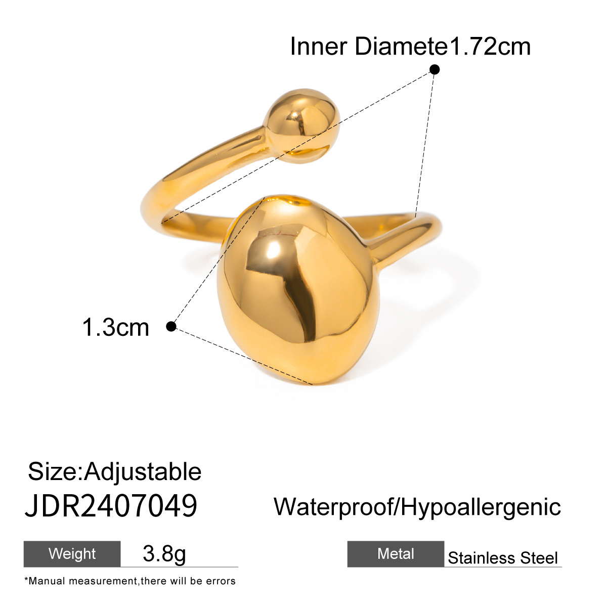 Bague ajustable pour femme en acier inoxydable plaqué or 18 carats, série simple, 1 pièce h5 Image2