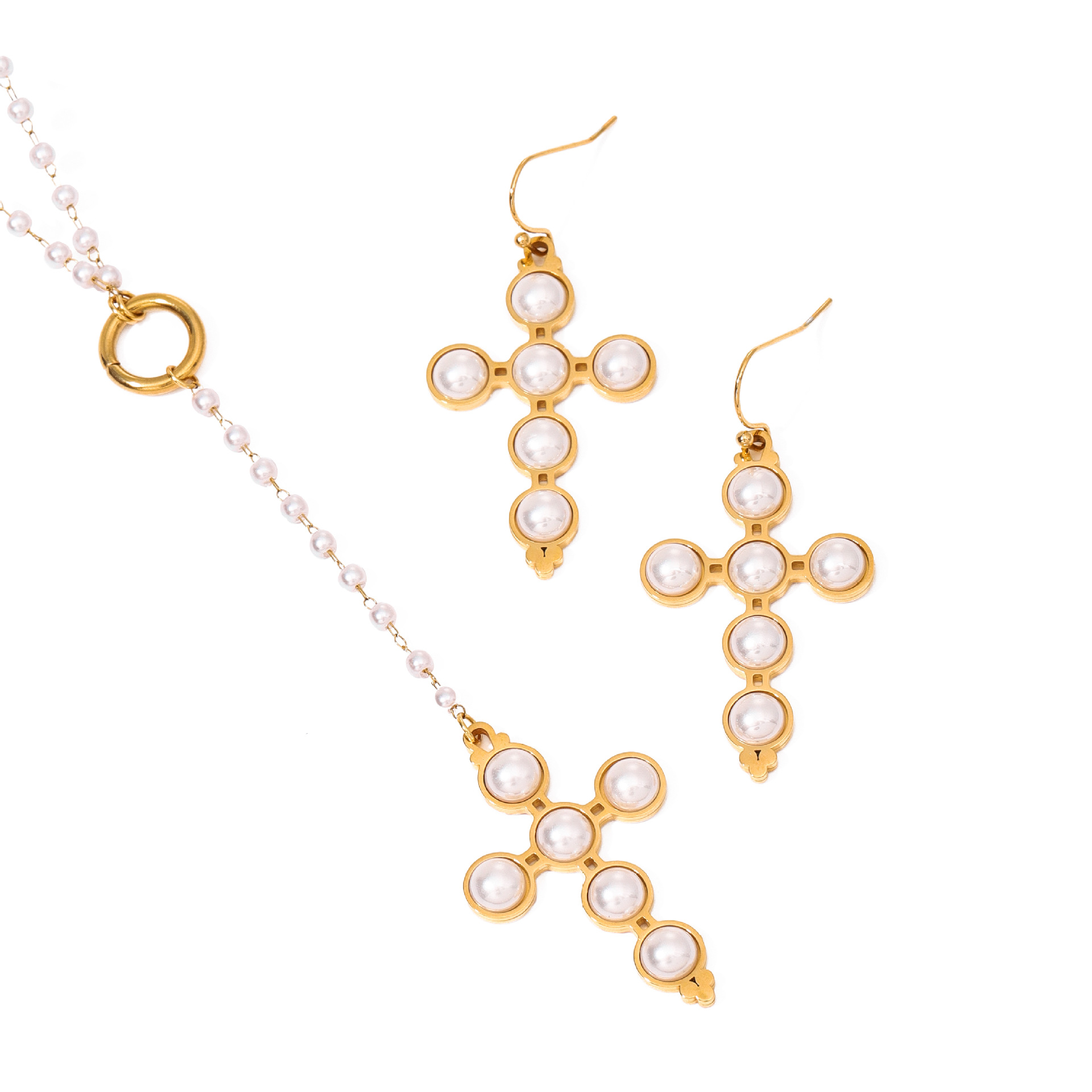 Collana da donna con perle artificiali placcate in oro 18K, serie semplice, 1 pezzo, croce retrò h5 Immagine5