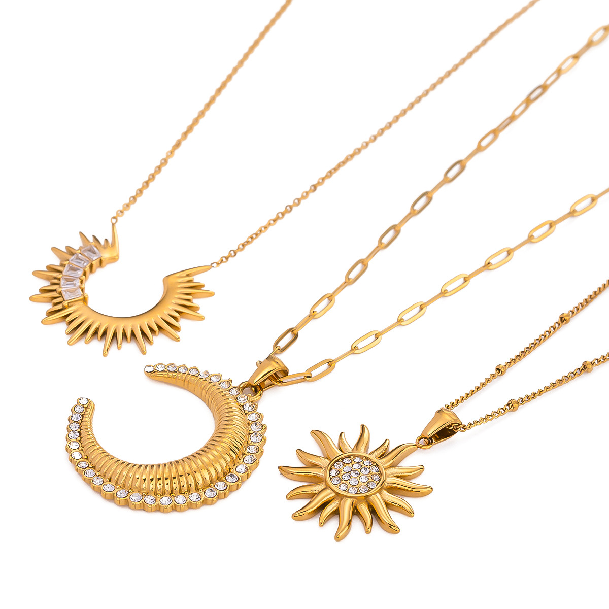 1 Piece Simple Series Punk Sun Stainless Steel 18K Gold Plated Rhinestone Women's Pendant Necklaces h5 Picture6