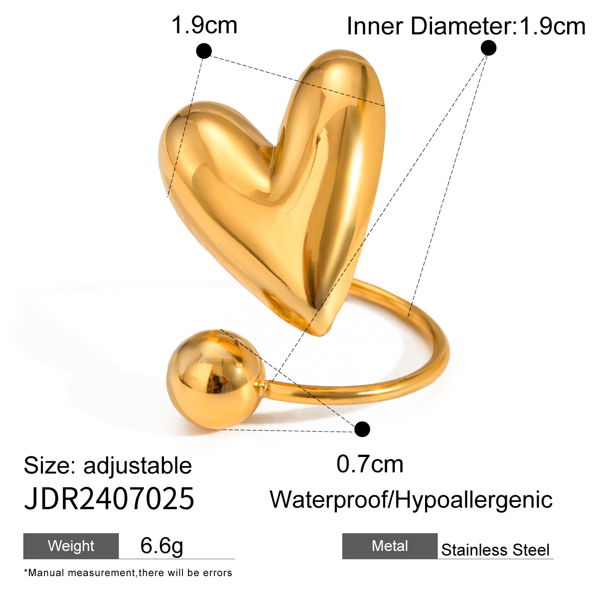 1 Piece Simple Series Retro Heart Stainless Steel 18K Gold Plated Women's Adjustable Rings h5 Picture2