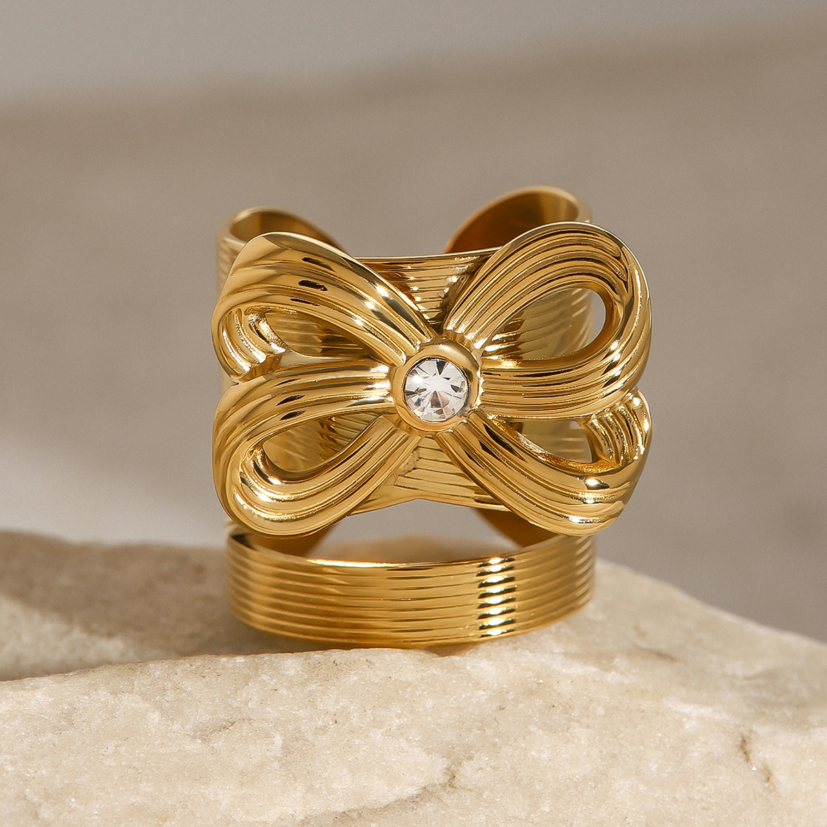 1 Piece Simple Series Retro Bow Knot Stainless Steel 18K Gold Plated Rhinestone Women's Adjustable Rings 