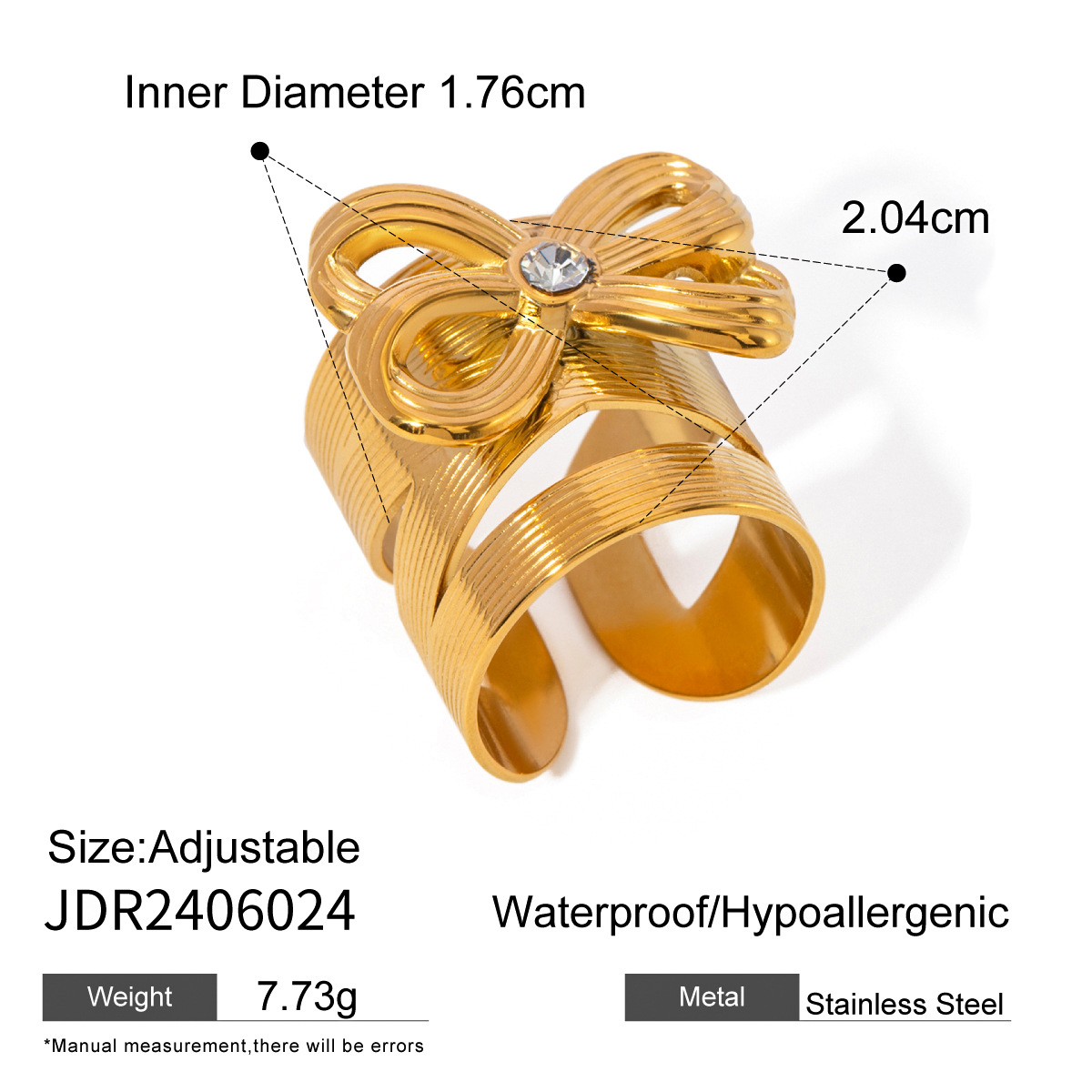 Bague ajustable pour femme en acier inoxydable plaqué or 18 carats avec nœud papillon rétro série simple 1 pièce h5 Image2