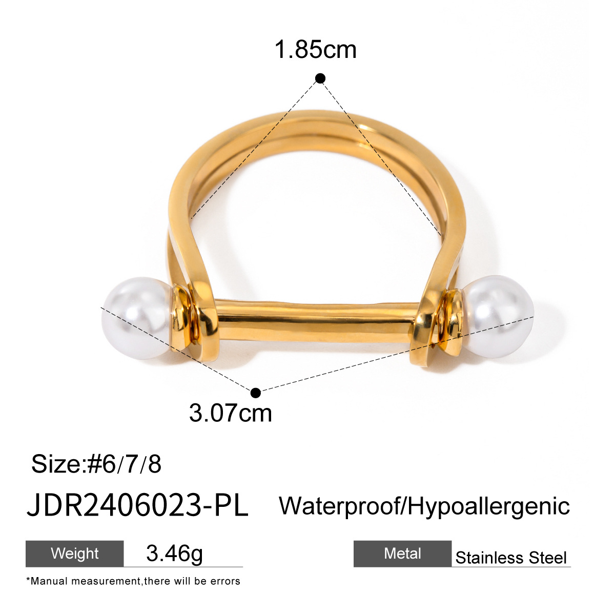 1 stuk Eenvoudige serie Eenvoudige geometrische roestvrij staal 18K vergulde kunstmatige parel dames enkele ring h5 Afbeelding2