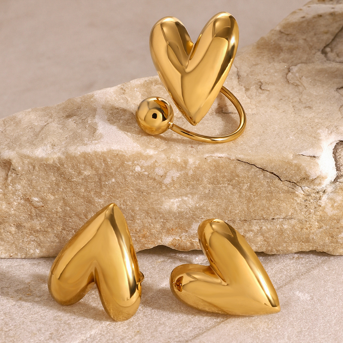 1 Piece Simple Series Retro Heart Stainless Steel 18K Gold Plated Women's Adjustable Rings h5 