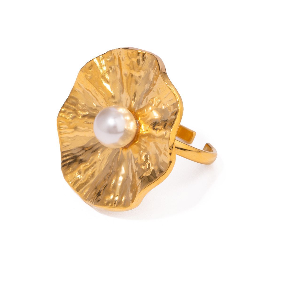 1 stuk Classic Series Retro Flower roestvrij staal 18K vergulde kunstmatige parel dames verstelbare ringen Afbeelding5