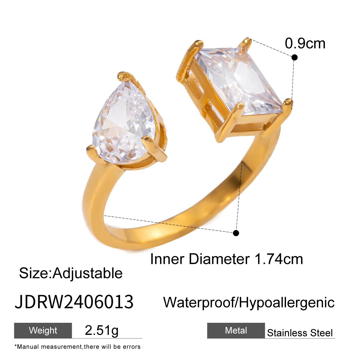 Bague ajustable pour femme en acier inoxydable plaqué or 18 carats avec incrustation de zircons, style géométrique simple, 1 pièce h5 Image2