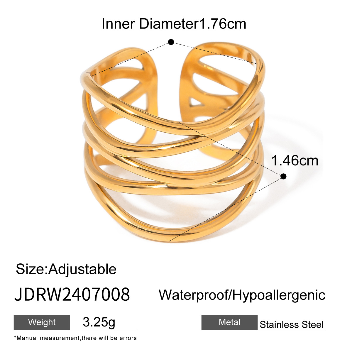 Anillos ajustables para mujer de acero inoxidable chapado en oro de 18 quilates con diseño geométrico y estilo simple de 1 pieza h5 Imagen2