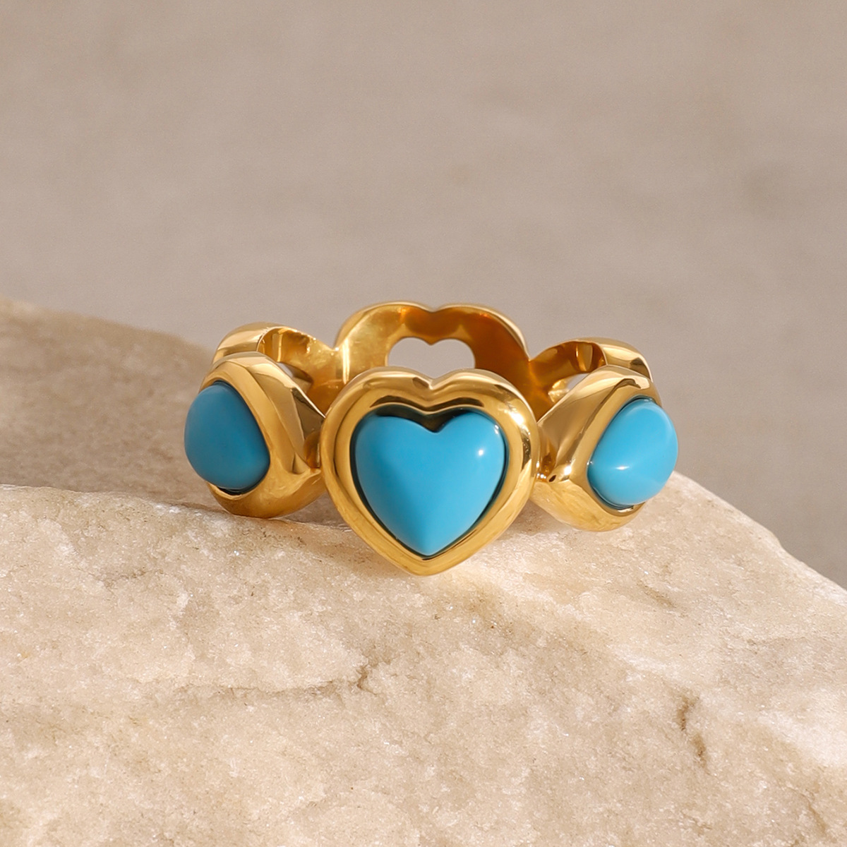 Anillo individual para mujer de acero inoxidable chapado en oro de 18 quilates con incrustaciones de piedras naturales y estilo retro clásico en forma de corazón de 1 pieza h5 