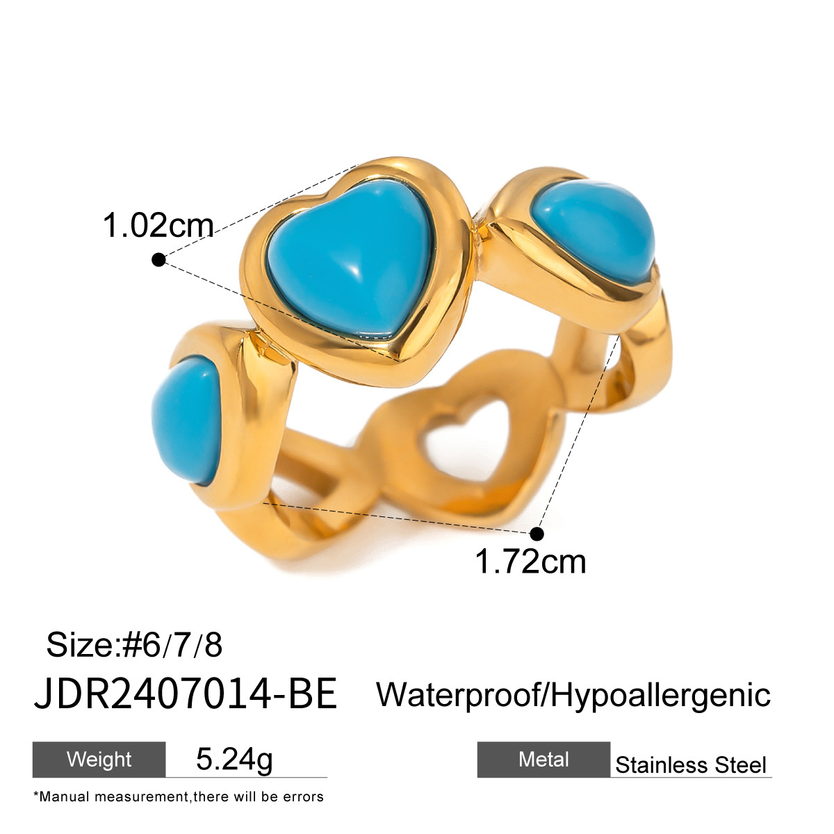 Anillo individual para mujer de acero inoxidable chapado en oro de 18 quilates con incrustaciones de piedras naturales y estilo retro clásico en forma de corazón de 1 pieza h5 Imagen2