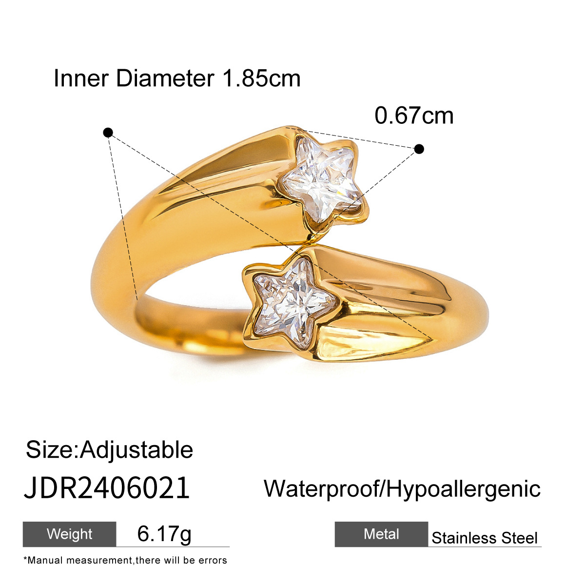 Bague réglable en acier inoxydable plaqué or 18 carats en forme de pentagramme de style simple avec incrustation de strass pour femme h5 Image2