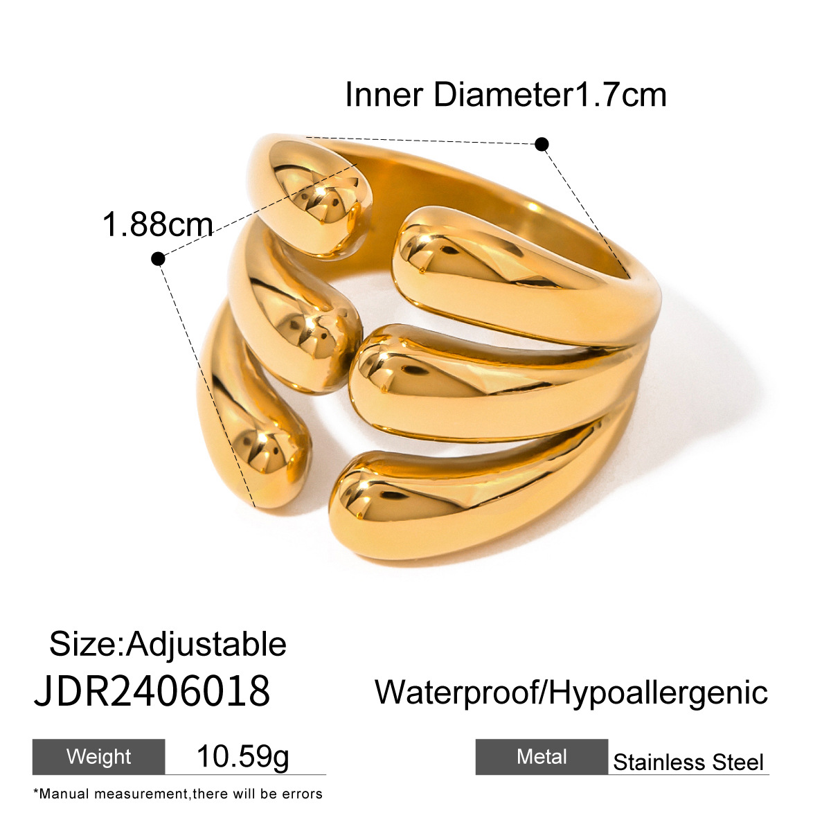 Anillos ajustables para mujer de acero inoxidable chapado en oro de 18 quilates con diseño geométrico de estilo simple de 1 pieza h5 Imagen2