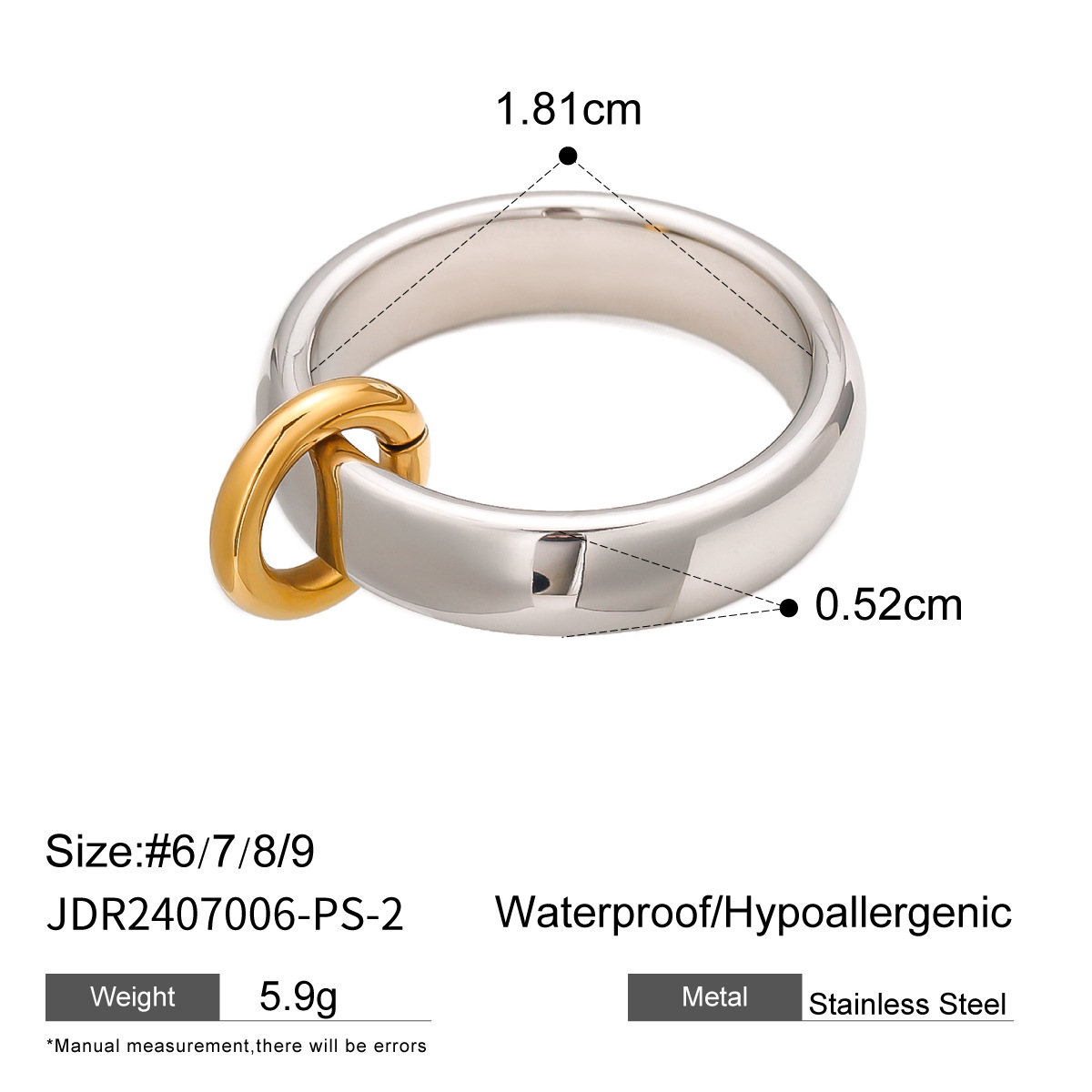 Anillo individual para mujer de acero inoxidable chapado en oro de 18 quilates con diseño geométrico de color sólido y estilo simple de 1 pieza h5 Imagen2