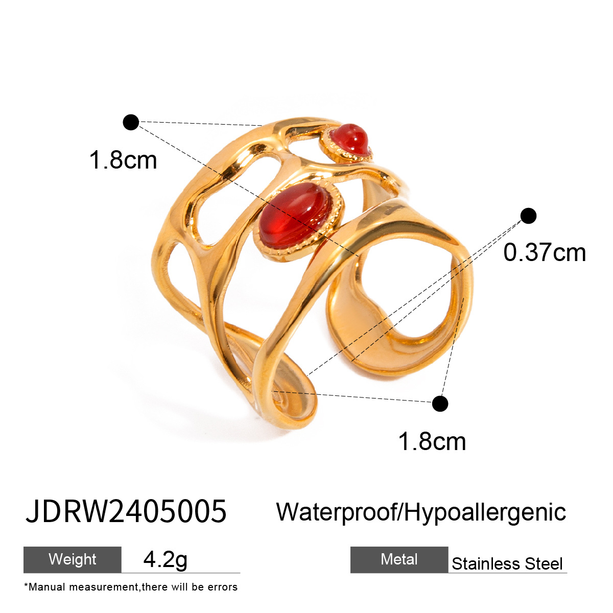 Anillos ajustables para mujer de acero inoxidable chapado en oro de 18 quilates con incrustaciones de piedras preciosas artificiales y estilo retro clásico geométrico de 1 pieza h5 Imagen2