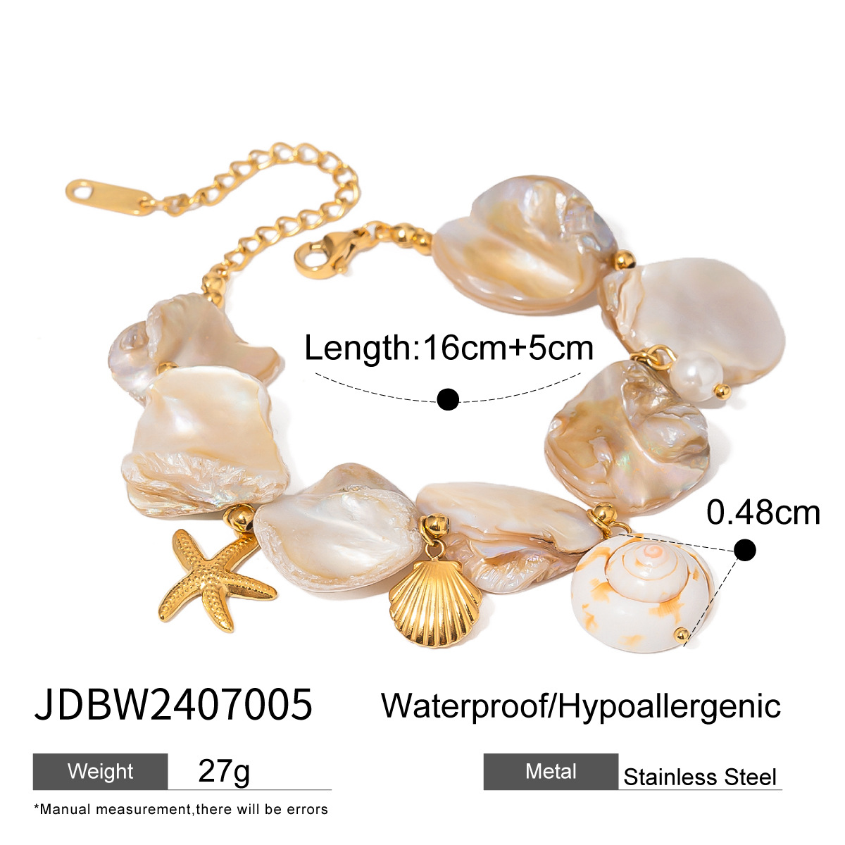 Pulsera de perlas con incrustaciones de oro de 18 quilates y acero inoxidable con forma de estrella de mar, estilo festivo sencillo, para mujer, 1 pieza h5 Imagen2