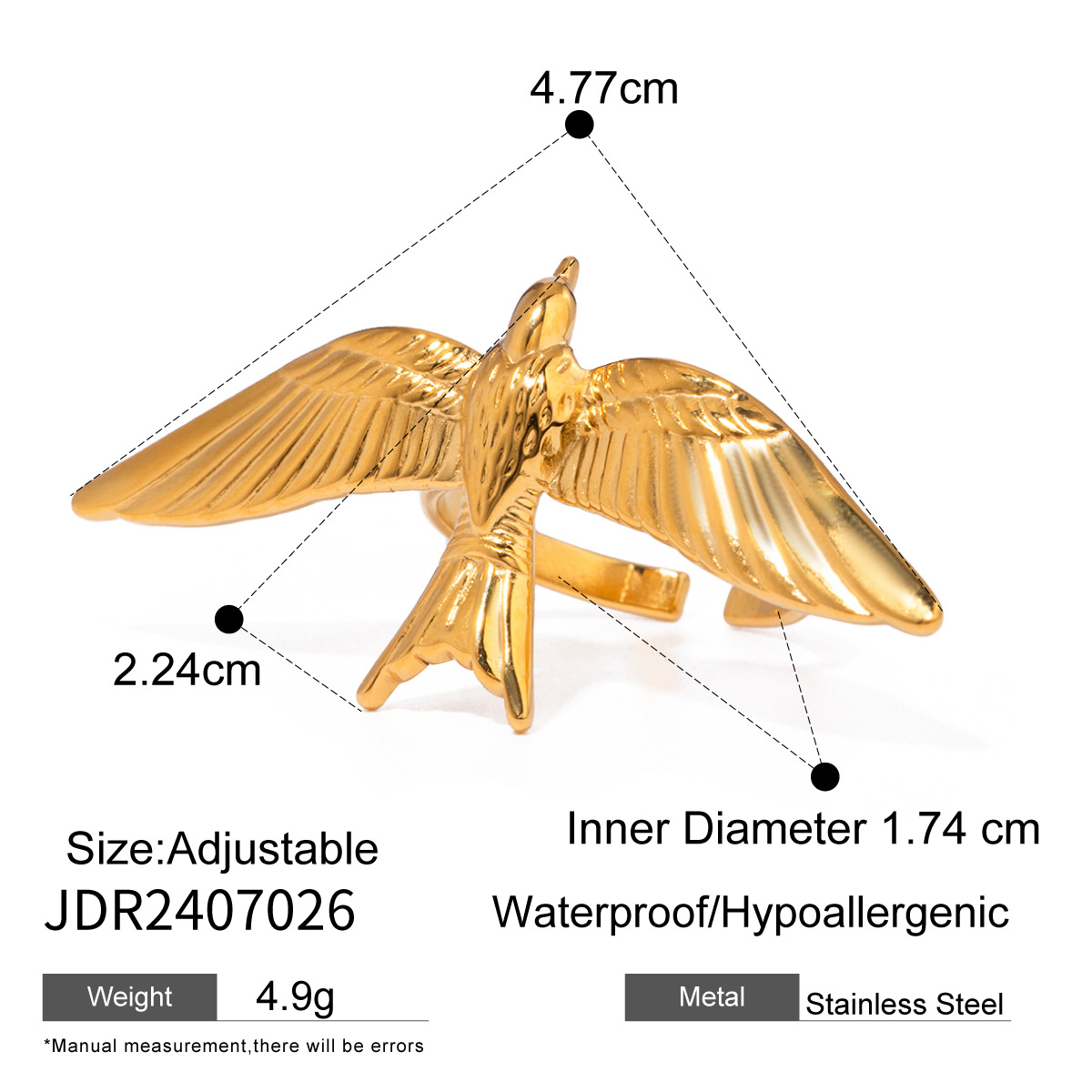 1 pezzo semplice stile uccello forma acciaio inossidabile placcato oro 18K anelli regolabili da donna h5 Immagine2